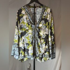 Free People cinched Floral Kimono Jacket Full zip front drawstring waist Sz M/L